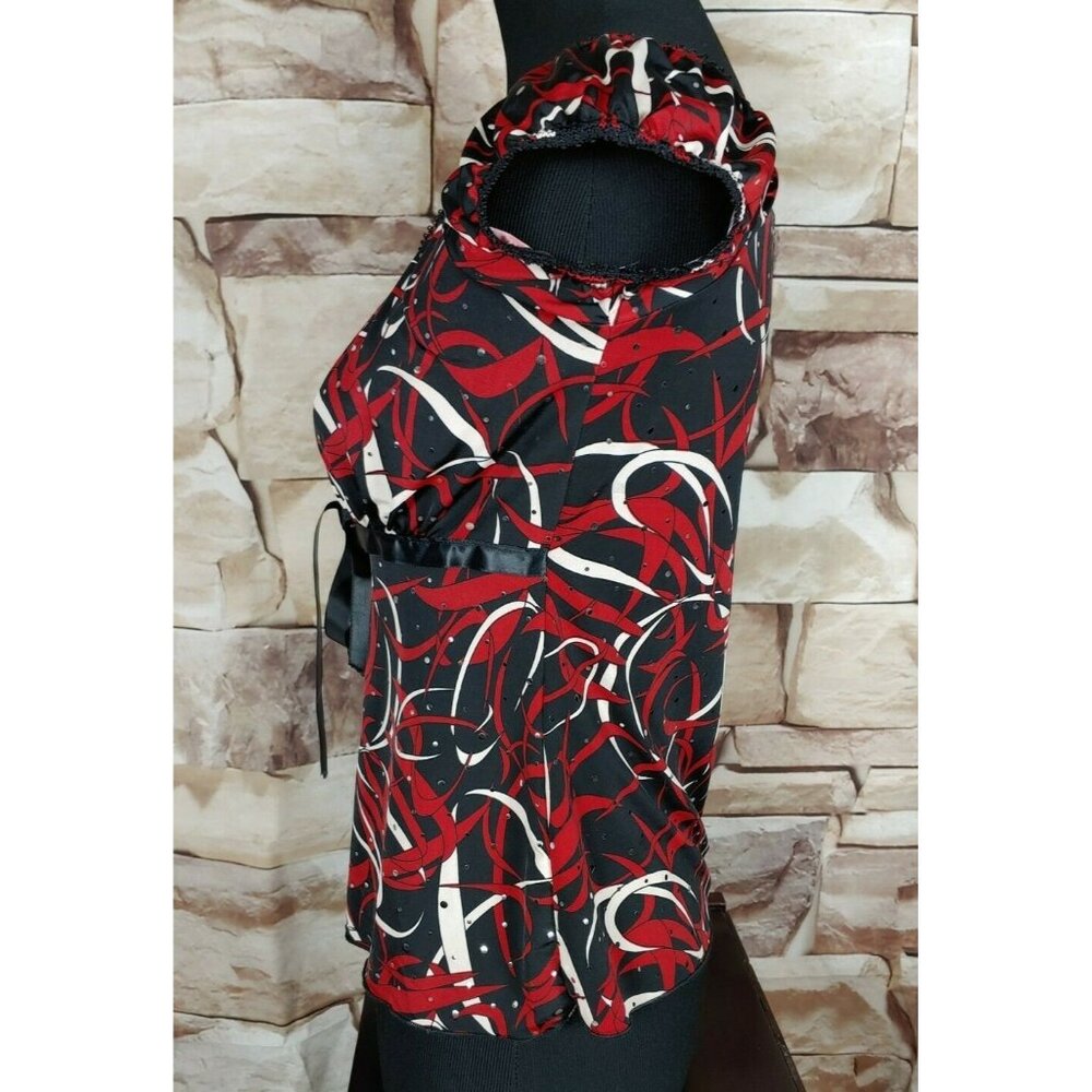 Agenda Womens Petite M Sequin Top Blouse Red Black - Picture 4 of 10